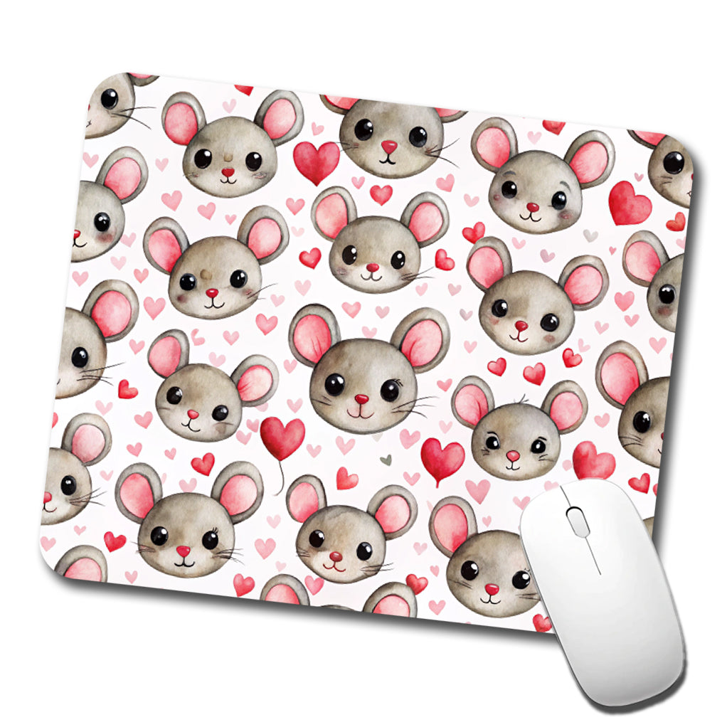 Cute Mouse Faces Hearts Watercolor Low Profile Mouse Pad Mat