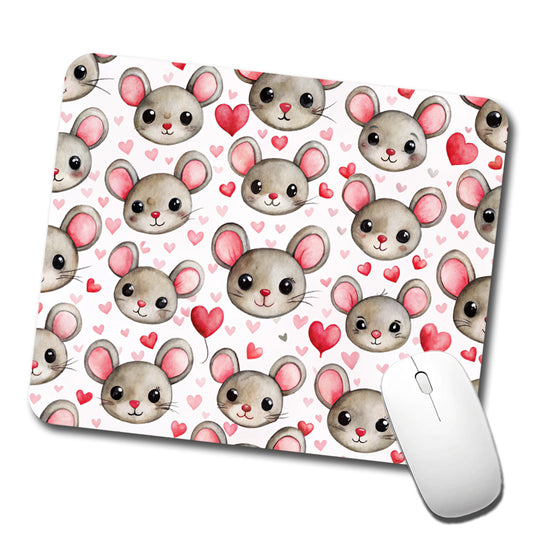 Cute Mouse Faces Hearts Watercolor Low Profile Mouse Pad Mat