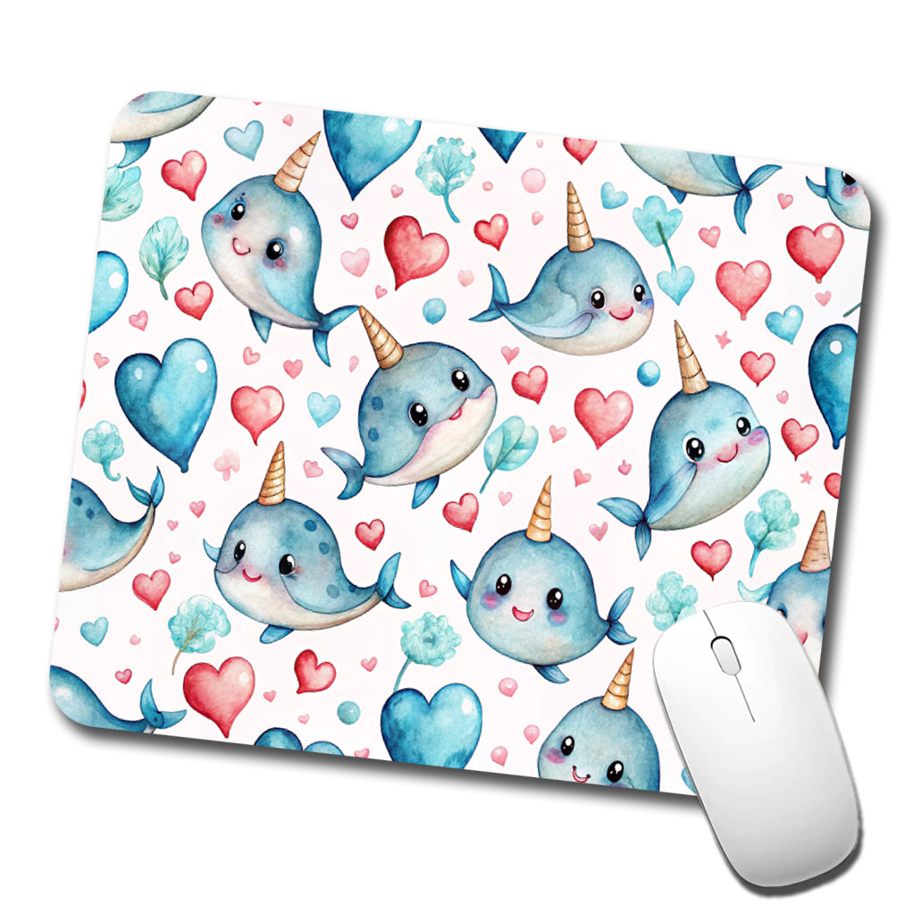Cute Narwhals Hearts Watercolor Low Profile Mouse Pad Mat