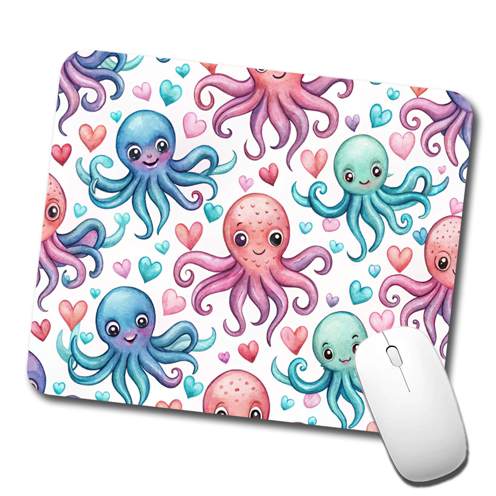Cute Octopus Hearts Watercolor Low Profile Mouse Pad Mat