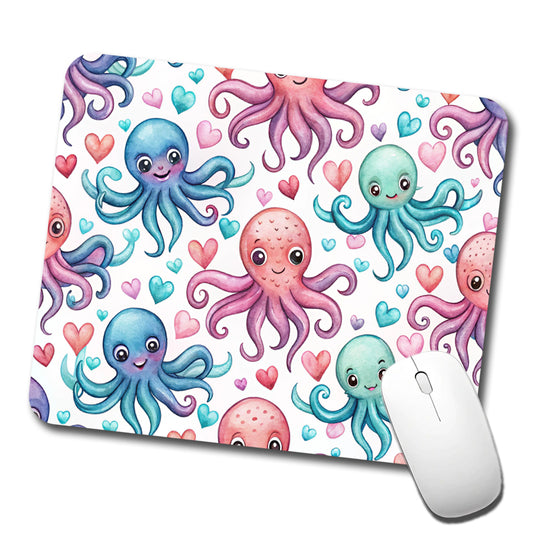 Cute Octopus Hearts Watercolor Low Profile Mouse Pad Mat