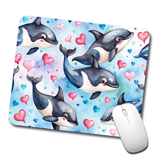 Cute Orcas Whales Hearts Watercolor Low Profile Mouse Pad Mat
