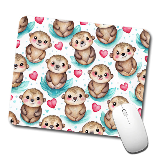 Cute Otters Hearts Watercolor Low Profile Mouse Pad Mat