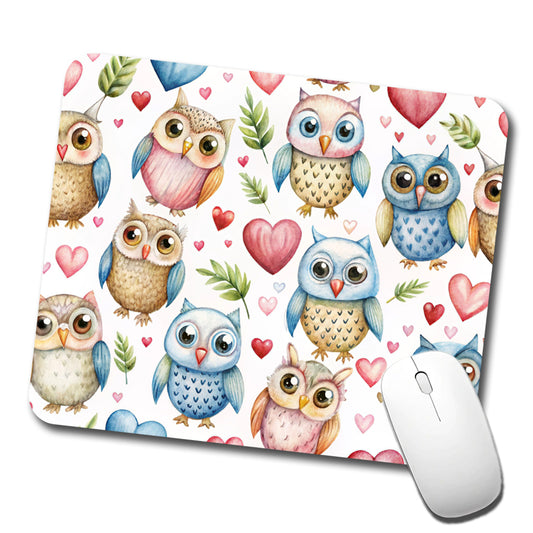 Cute Owls Hearts Watercolor Low Profile Mouse Pad Mat