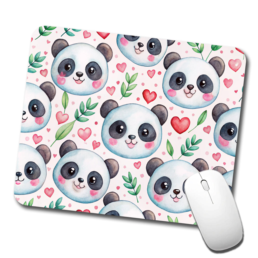 Cute Panda Faces Hearts Watercolor Low Profile Mouse Pad Mat