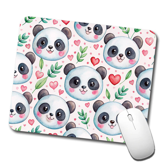 Cute Panda Faces Hearts Watercolor Low Profile Mouse Pad Mat