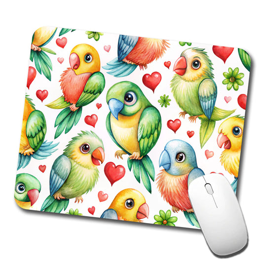 Cute Parrots Hearts Watercolor Low Profile Mouse Pad Mat