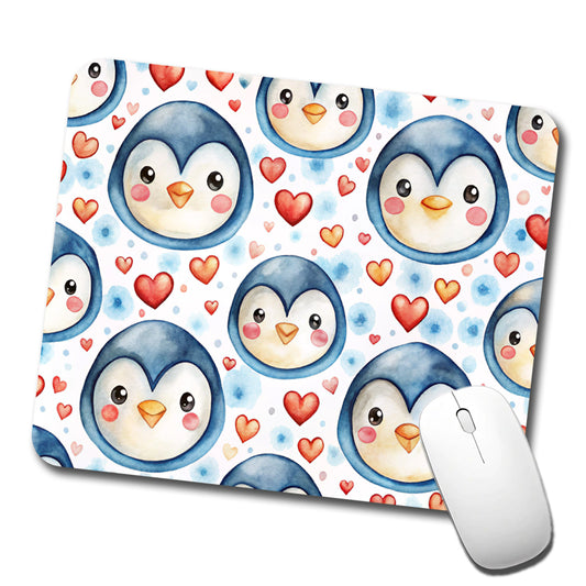 Cute Penguin Faces Hearts Watercolor Low Profile Mouse Pad Mat