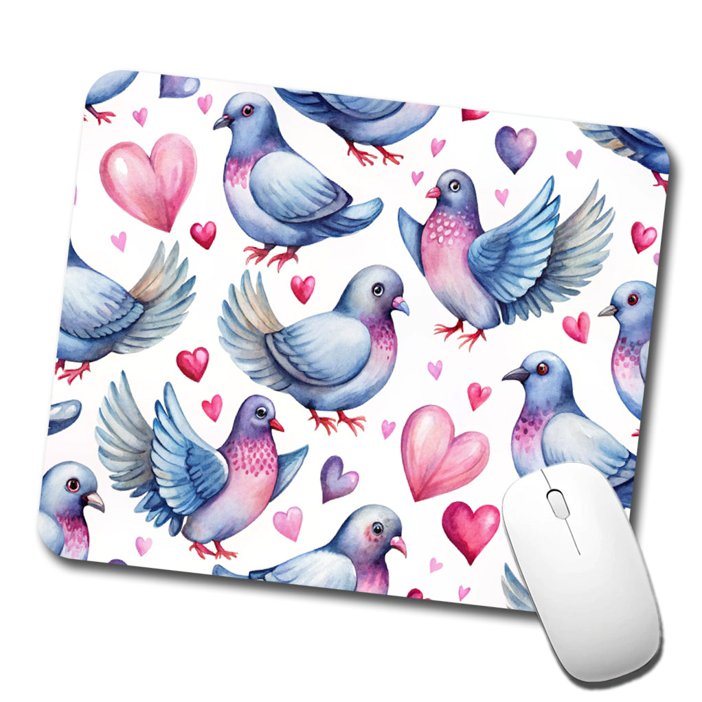 Cute Pigeons Hearts Watercolor Low Profile Mouse Pad Mat