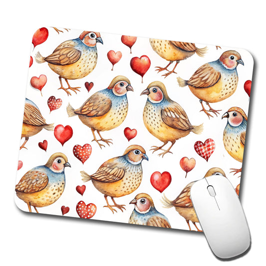 Cute Quails Hearts Watercolor Low Profile Mouse Pad Mat