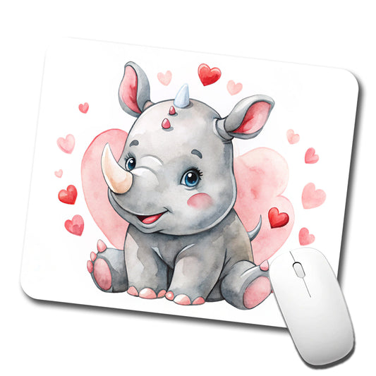 Cute Rhinoceros Hearts Watercolor Low Profile Mouse Pad Mat