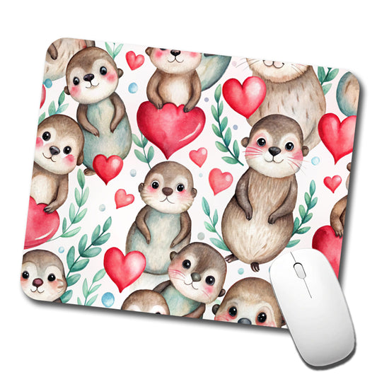 Cute River Otter Hearts Watercolor Low Profile Mouse Pad Mat