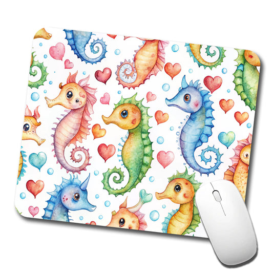 Cute Seahorses Hearts Watercolor Low Profile Mouse Pad Mat