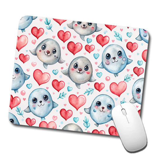 Cute Seals Hearts Watercolor Low Profile Mouse Pad Mat