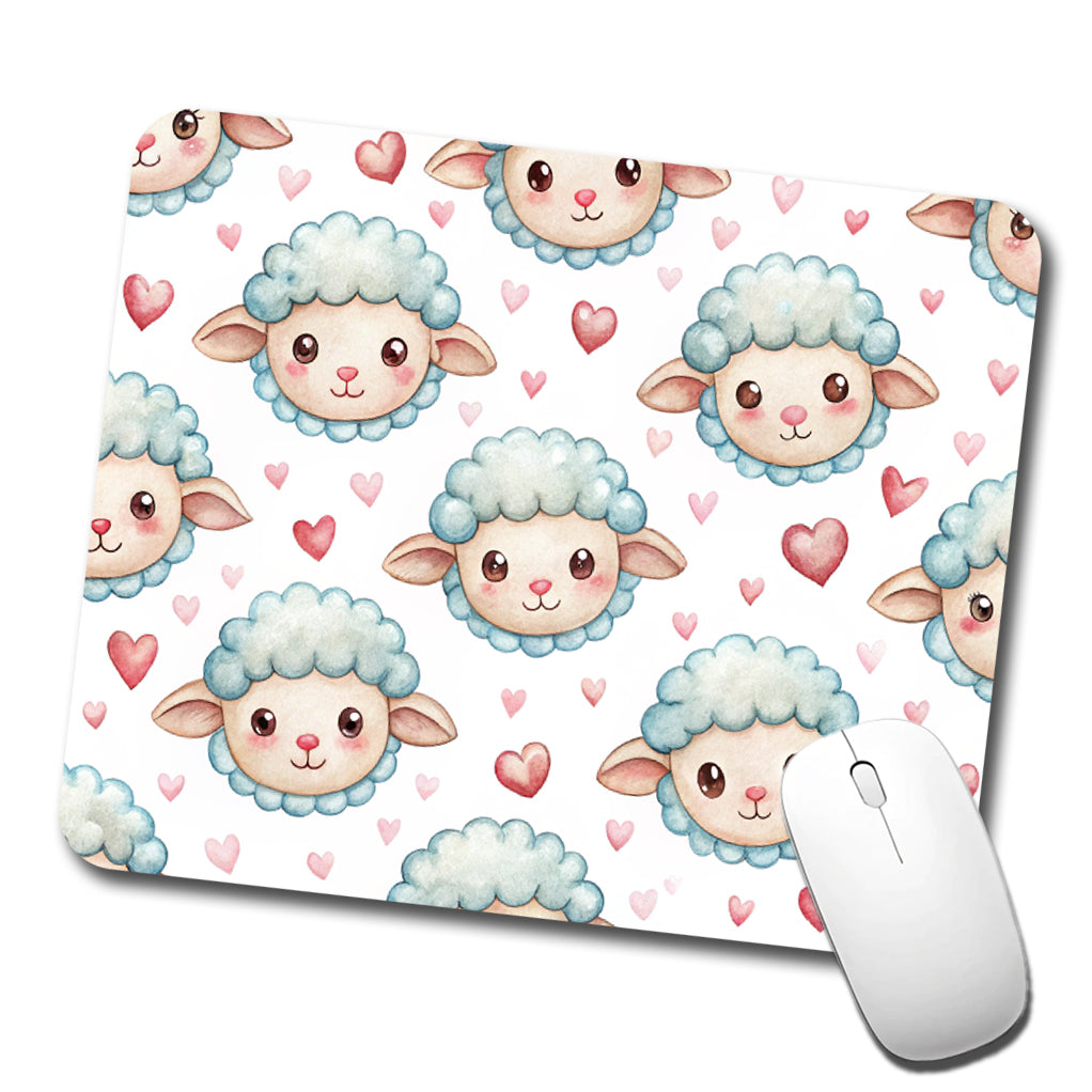 Cute Sheep Faces Hearts Watercolor Low Profile Mouse Pad Mat