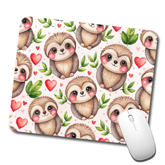 Cute Sloths Hearts Watercolor Low Profile Mouse Pad Mat