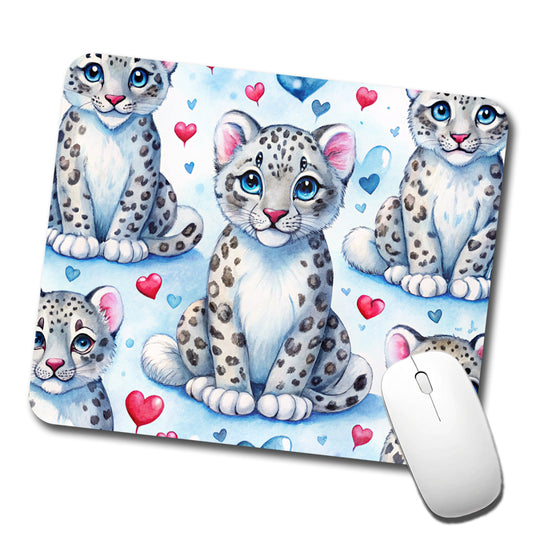 Cute Snow Leopard Hearts Watercolor Low Profile Mouse Pad Mat