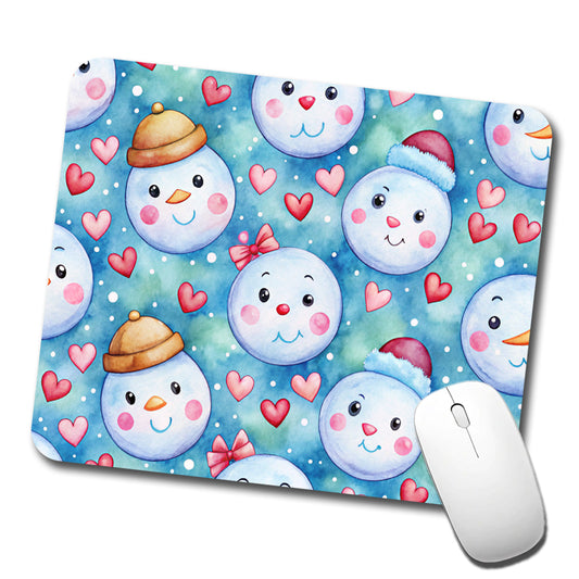 Cute Snowman Faces Hearts Winter Low Profile Mouse Pad Mat