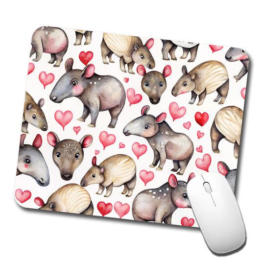 Cute Tapirs Hearts Watercolor Low Profile Mouse Pad Mat