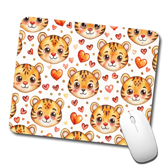 Cute Tiger Faces Hearts Watercolor Low Profile Mouse Pad Mat