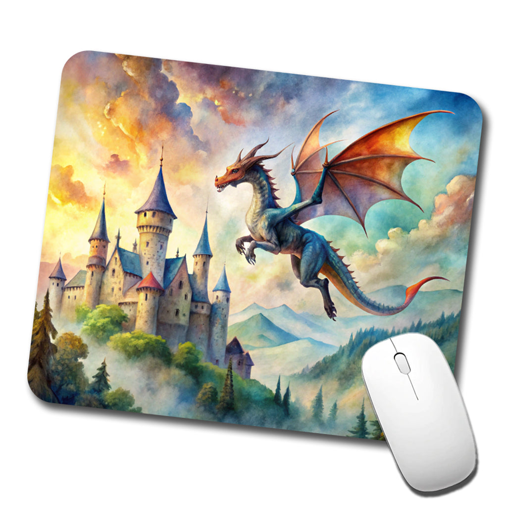 Dragon Flying Over Castle Watercolor Fantasy Low Profile Mouse Pad Mat