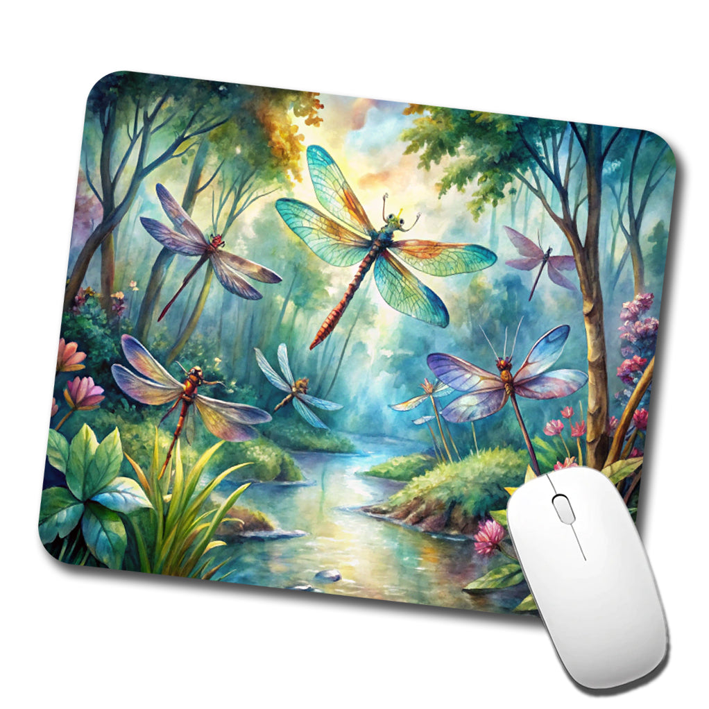 Dragonflies Forest Fantasy Watercolor Design Low Profile Mouse Pad Mat