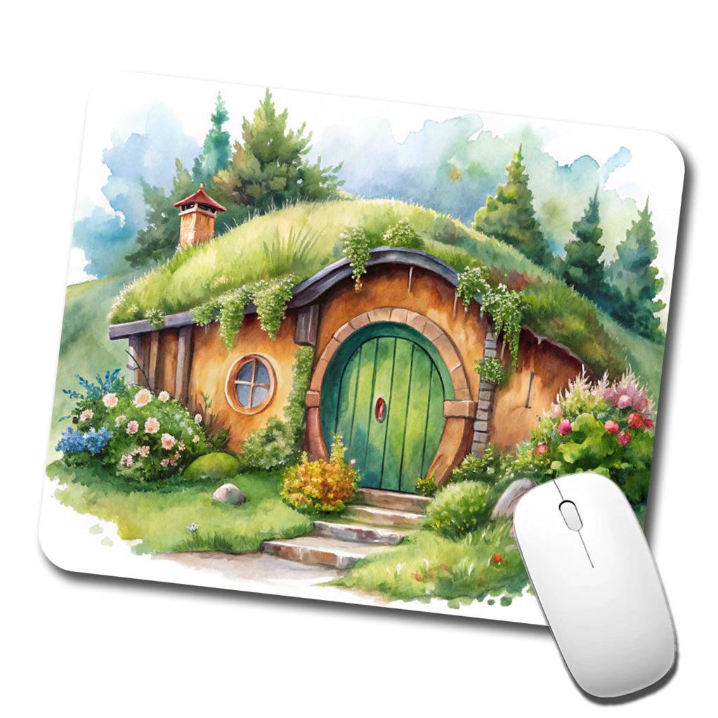 Fantasy House Grass Roof Watercolor Design Low Profile Mouse Pad Mat