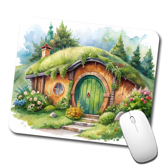 Fantasy House Grass Roof Watercolor Design Low Profile Mouse Pad Mat