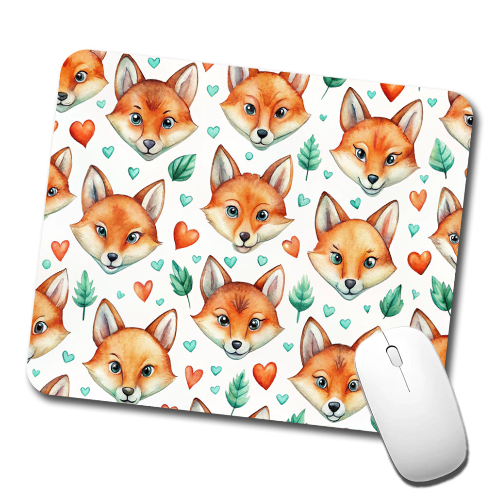 Fox Faces Hearts Watercolor Low Profile Mouse Pad Mat