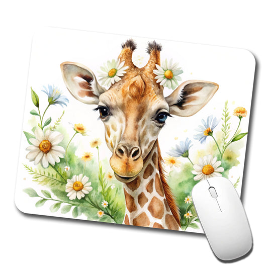 Giraffe Watercolor Design With Daisies Low Profile Mouse Pad Mat