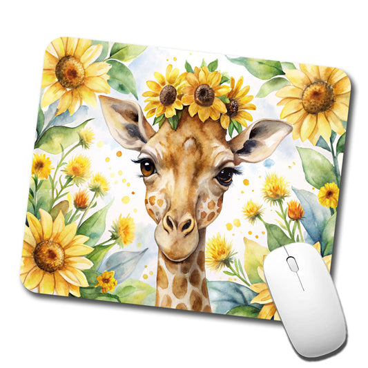 Giraffe Watercolor Design With Sunflowers Low Profile Mouse Pad Mat