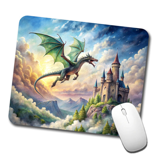 Green Dragon Flying Over Castle Watercolor Fantasy Low Profile Mouse Pad Mat