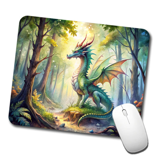 Green Dragon In Forest Watercolor Fantasy Low Profile Mouse Pad Mat