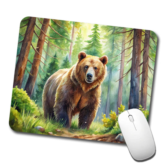 Grizzly Bear In Forest Watercolor Low Profile Mouse Pad Mat