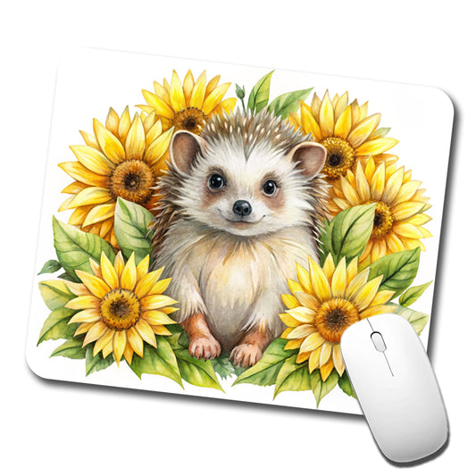 Hedgehog Watercolor Design With Sunflowers Low Profile Mouse Pad Mat