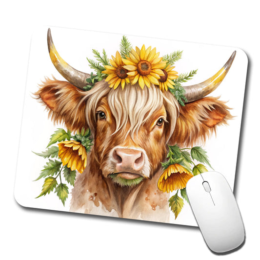 Highland Cow Watercolor Design With Sunflowers Low Profile Mouse Pad Mat