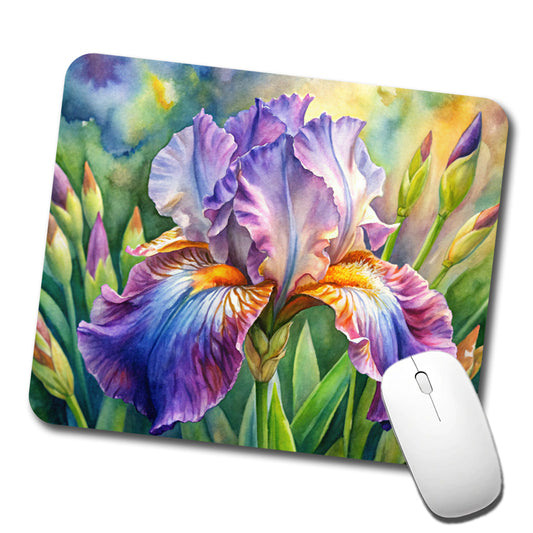 Iris Purple Flowers Watercolor Low Profile Mouse Pad Mat