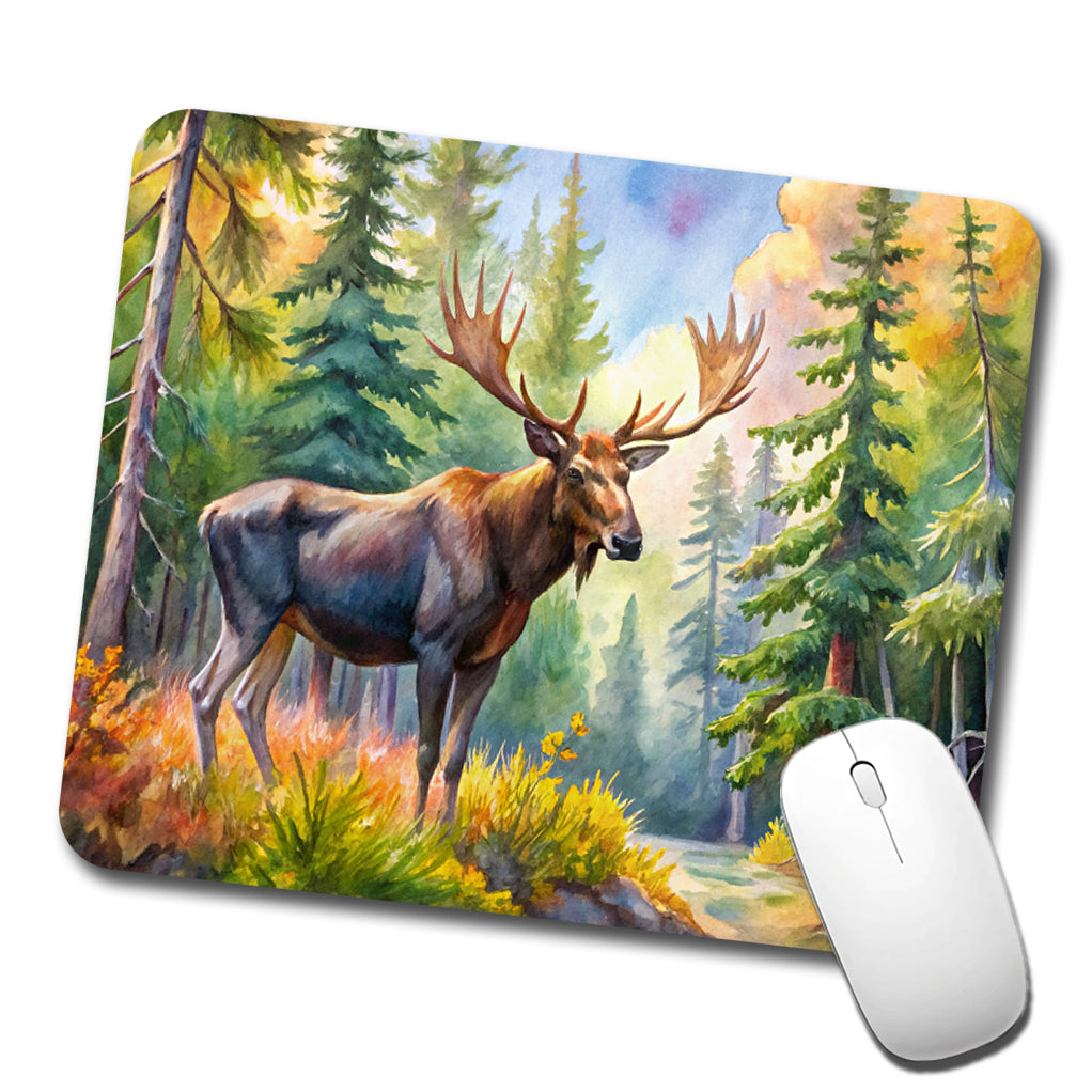 Moose In Forest Watercolor Low Profile Mouse Pad Mat