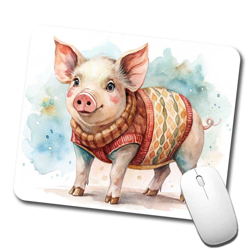 Pig Wearing A Sweater Watercolor Low Profile Mouse Pad Mat