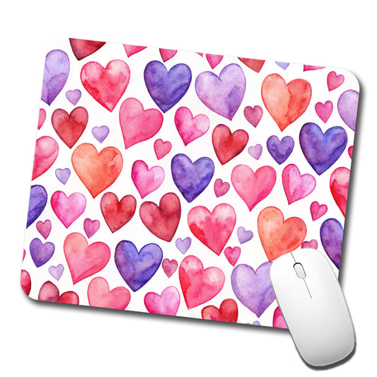 Pink Red Purple Hearts Watercolor Low Profile Mouse Pad Mat