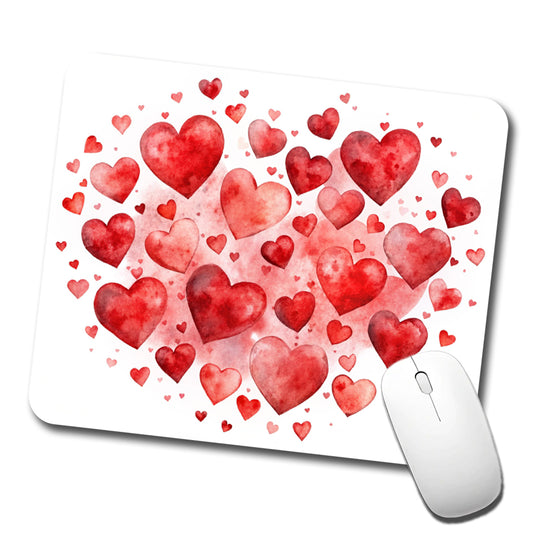 Red Scattered Hearts Love Anniversary Watercolor Low Profile Mouse Pad Mat