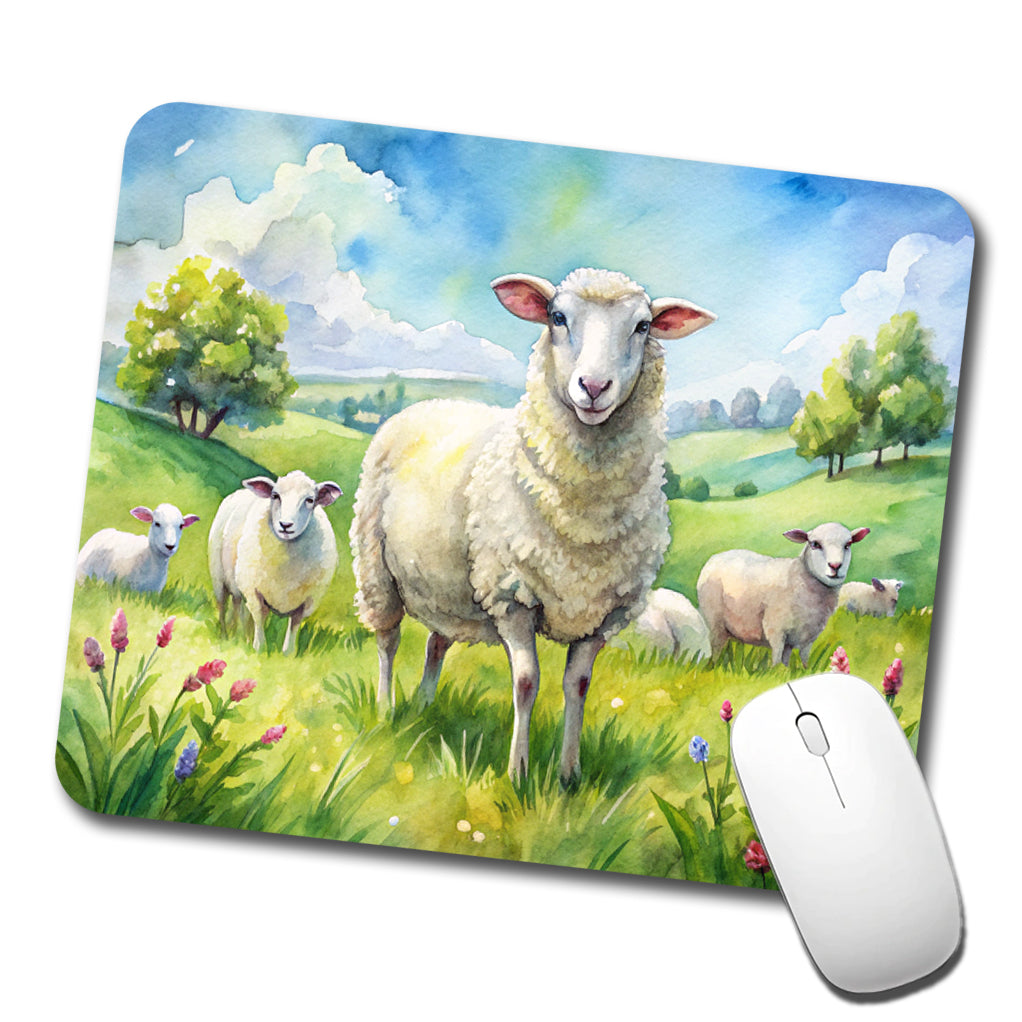 Sheep In Meadow Watercolor Design Low Profile Mouse Pad Mat