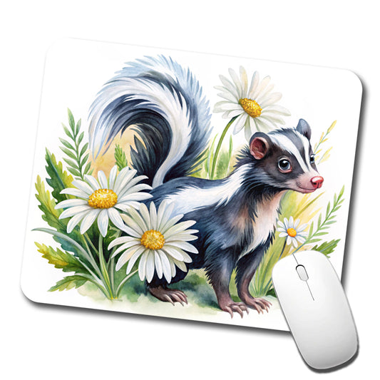 Skunk Watercolor Design With Daisies Low Profile Mouse Pad Mat