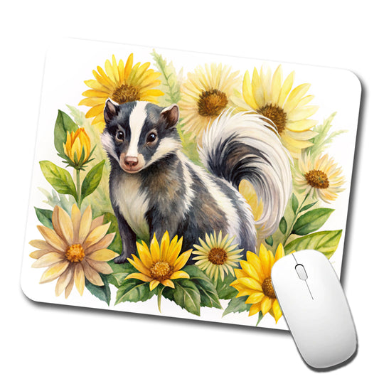 Skunk Watercolor Design With Sunflowers Low Profile Mouse Pad Mat