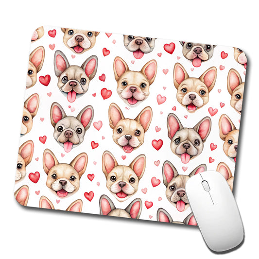 Smiling Cute French Bulldog Dog Faces Hearts Low Profile Mouse Pad Mat