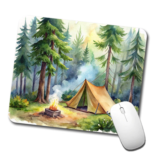Solo Camping In Forest Watercolor Design Low Profile Mouse Pad Mat
