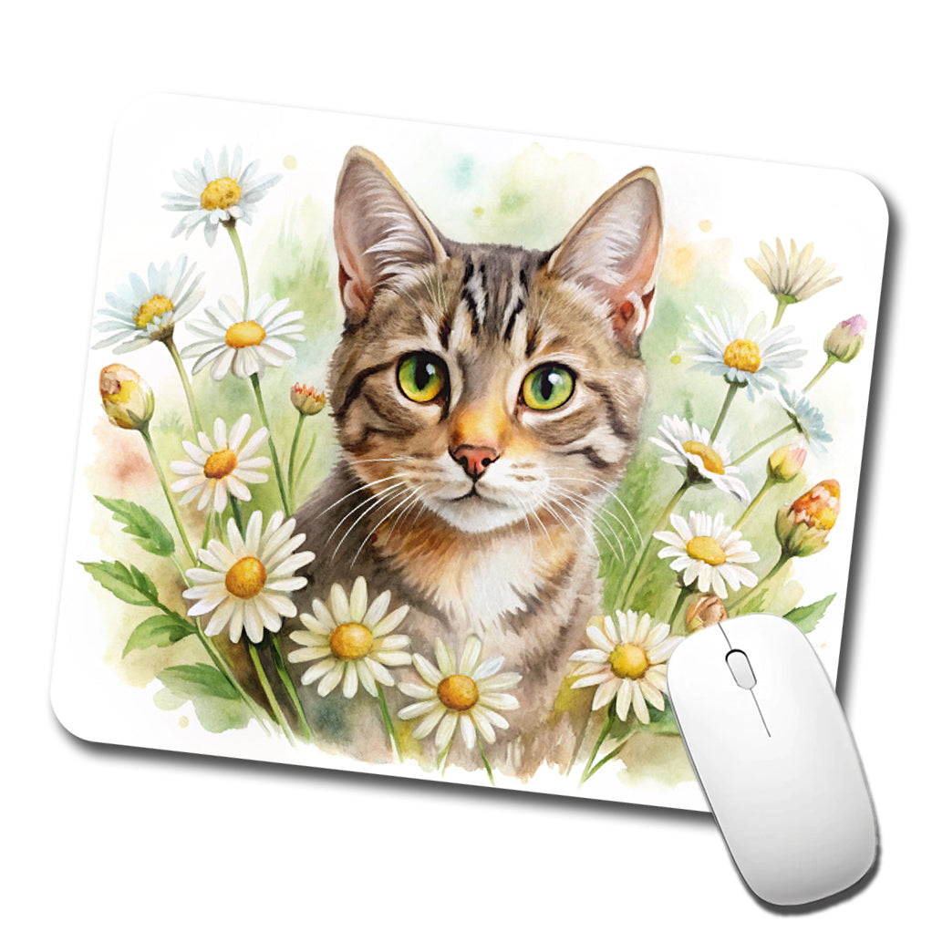 Tabby Cat Watercolor Design With Daisies Low Profile Mouse Pad Mat