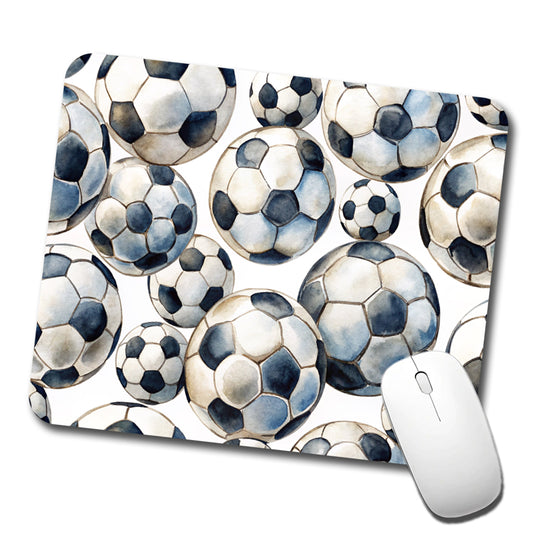 White Black Soccer Balls Watercolor Low Profile Mouse Pad Mat