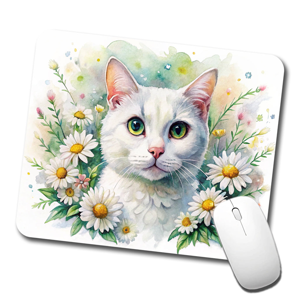 White Cat Watercolor Design With Daisies Low Profile Mouse Pad Mat