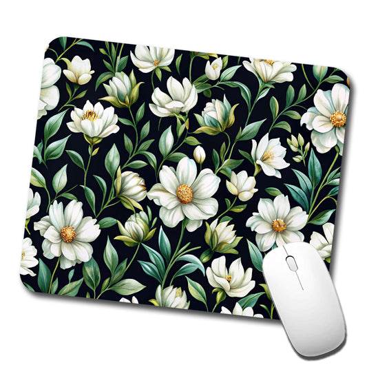 White Flowers Black Background Low Profile Mouse Pad Mat